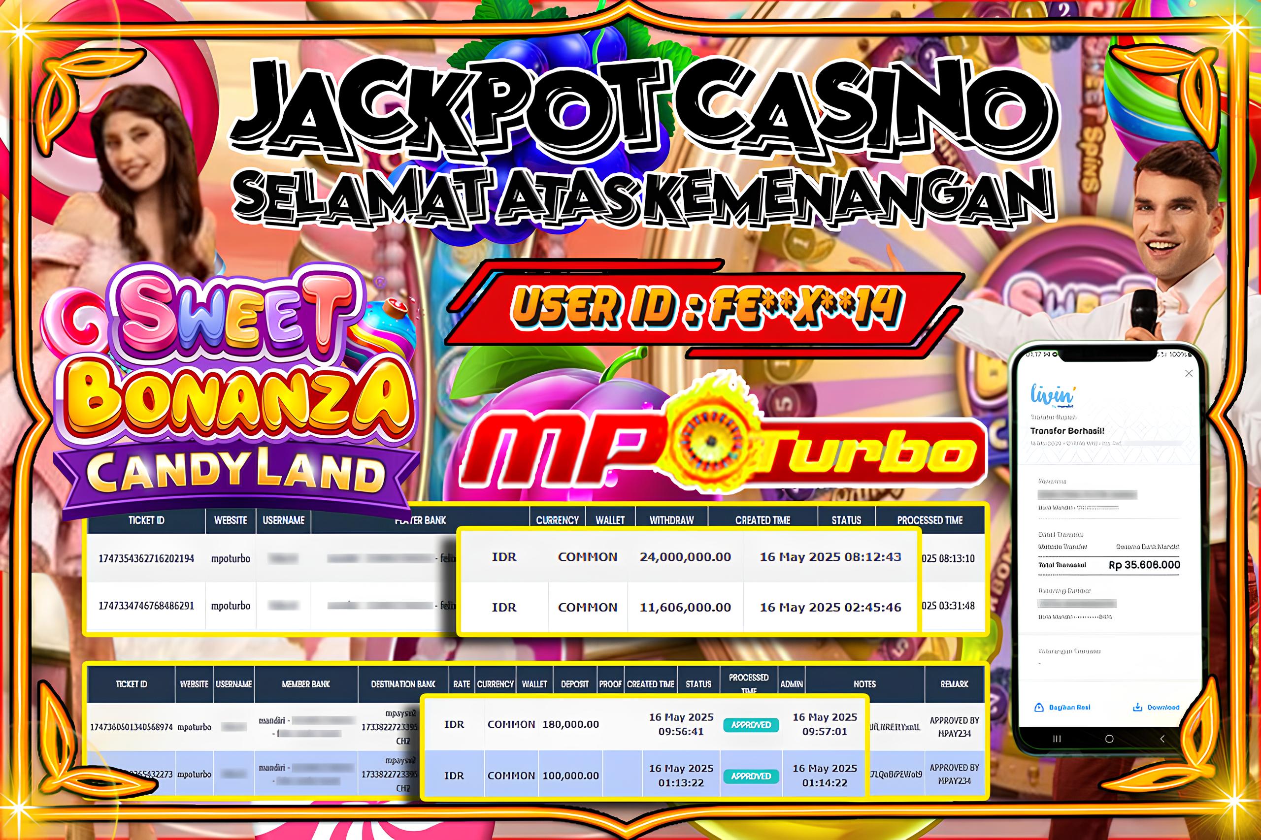 MPOTURBO JACKPOT CASINO SWEET BONANZA CANDYLAND - PRAGMATIC PLAY Rp 35,606,000.00,- LUNAS